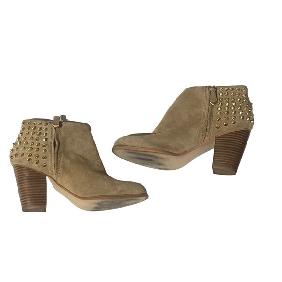 Zara Suede Leather Ankle Booties With Gold Studs Camel Beige Tan Dancing Size 38 - Picture 4 of 10